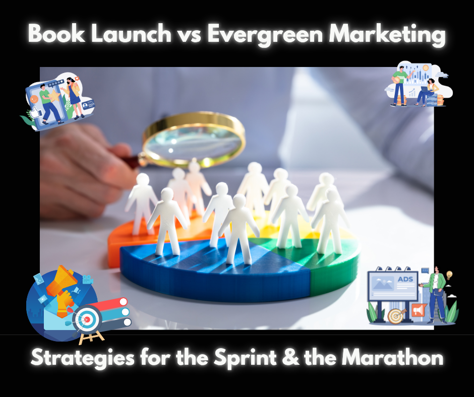 A graphic titled “Book Launch vs Evergreen Marketing: Strategies for the Sprint & the Marathon” featuring a person examining paper cutout figures with a magnifying glass, surrounded by icons representing marketing tools and data analytics.