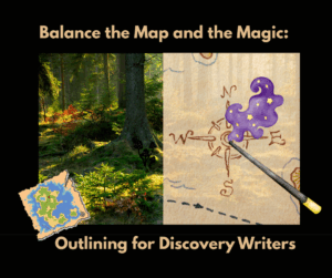 Split image of a forest trail and a magical compass, symbolizing the blend of intuitive storytelling and structured plotting for discovery writers.