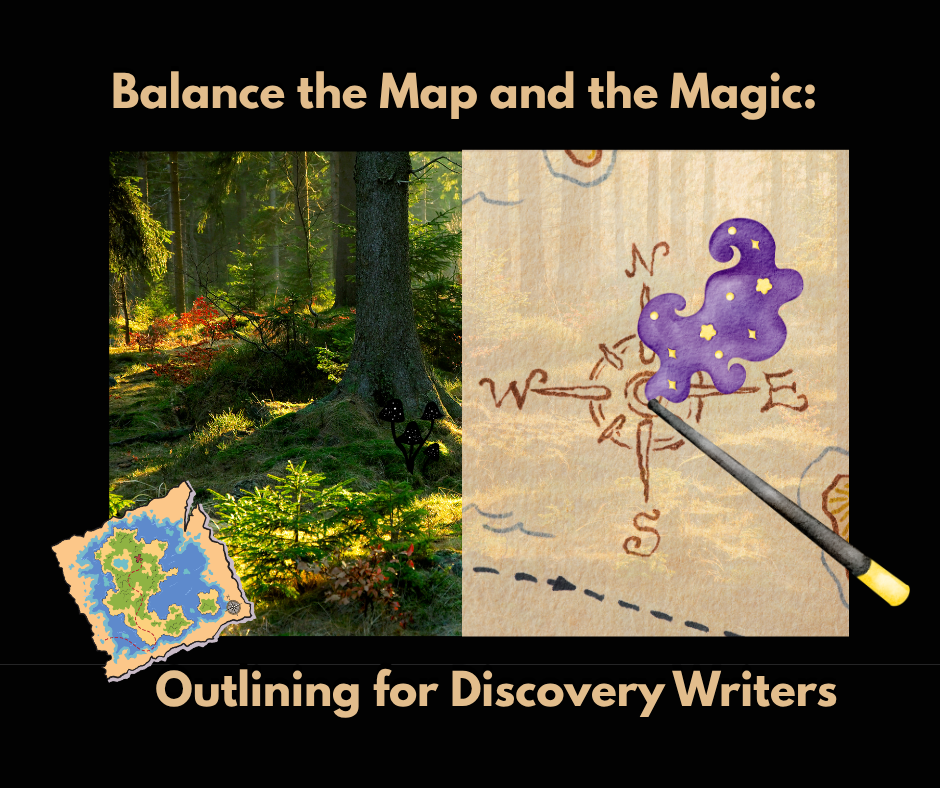 Split image of a forest trail and a magical compass, symbolizing the blend of intuitive storytelling and structured plotting for discovery writers.