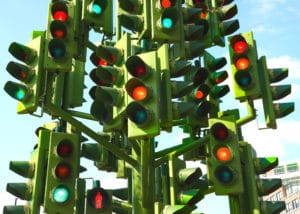 Confusing Traffic Lights At A Busy Intersection In London